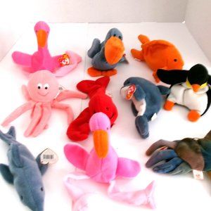 Lot of 10 Sea Animals octopus shark dolphin penguin fish Beanie Babies